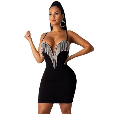 2020 European new women's sexy V-neck nightclub skirt with diamond suspender